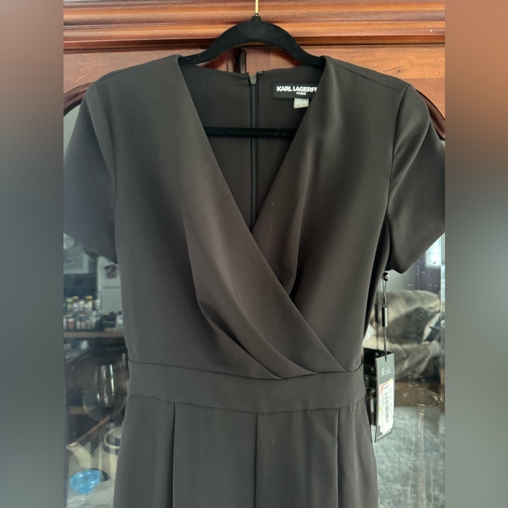 KARL LAGERFELD PARIS Scuba Crepe Wide Leg Jumpsuit Black - Picture 7 of 7